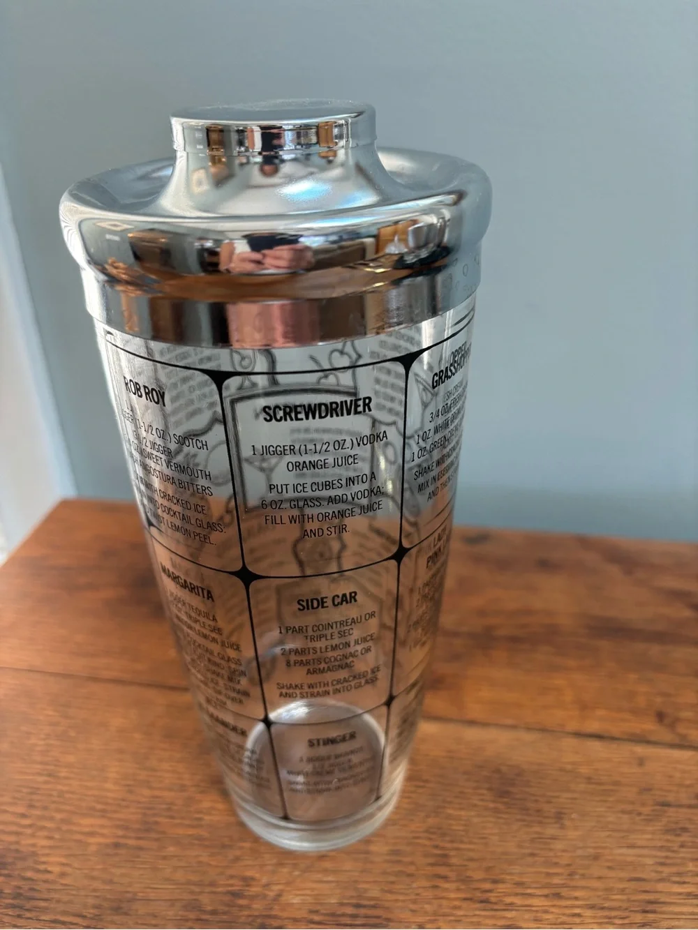 Vintage MCM Cocktail Shaker with Recipe Graphics - Silver & Clear